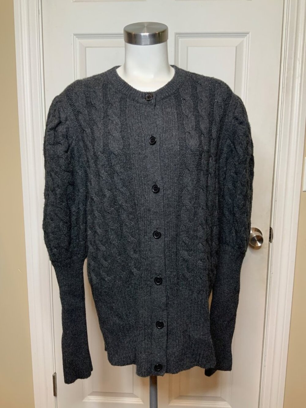 Madeleine Thompson Gray Cashmere Wool Cable Knit Bishop Sleeve Cardigan, Size XL